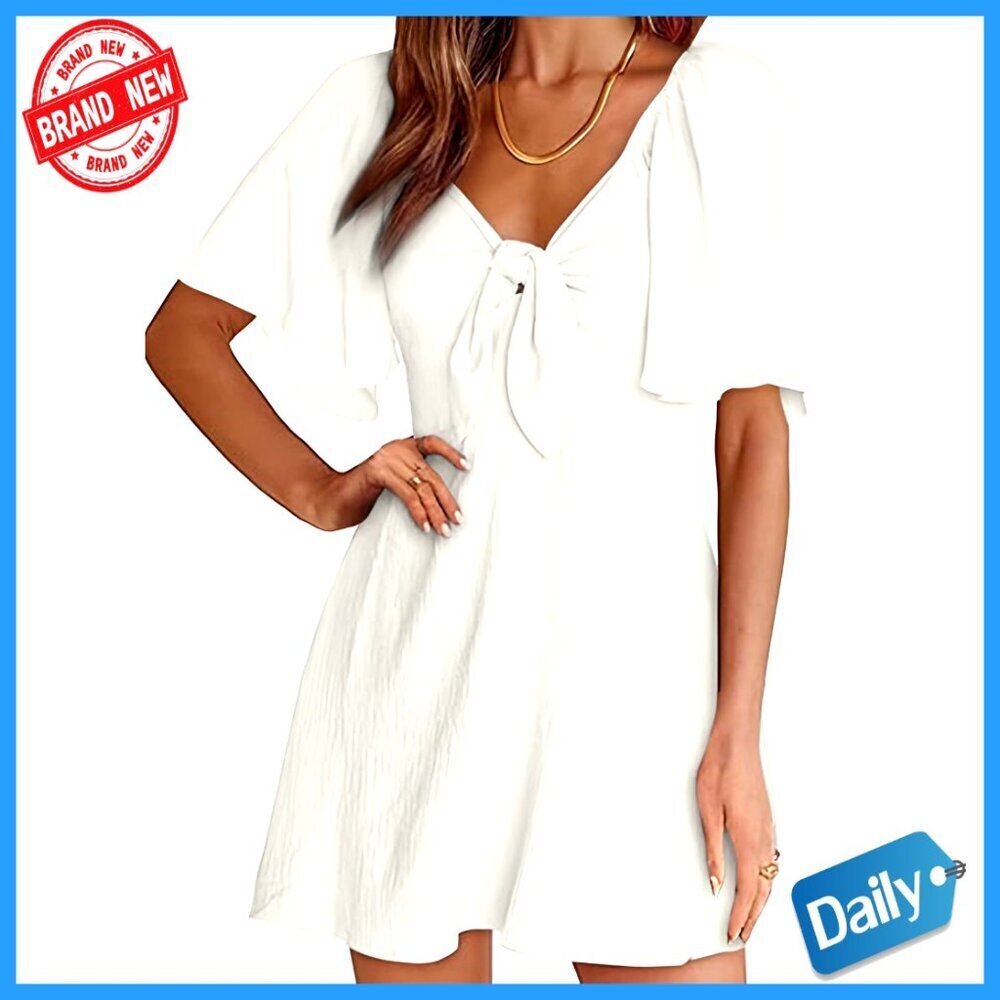 Deep V Neck Mini Dress Elegant Bow Tie Flirty Feminine Summer Casual